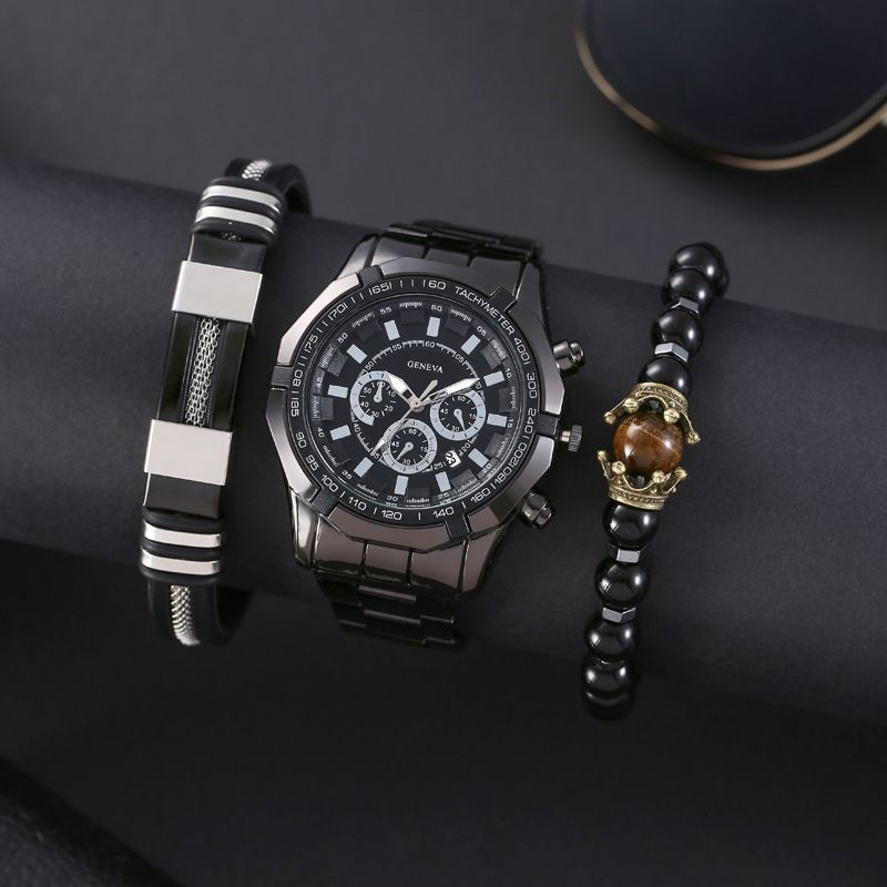 Men's Watches New Men's Watch Wholesale Steel Band Three Eye Luminous Bracelet Set Calendar Sports Quartz Watch Men's Watch_voghion.com