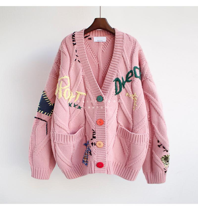 Maglione da donna ricamato con lettere, design a maglia larga, cappotto alla moda_voghion.com