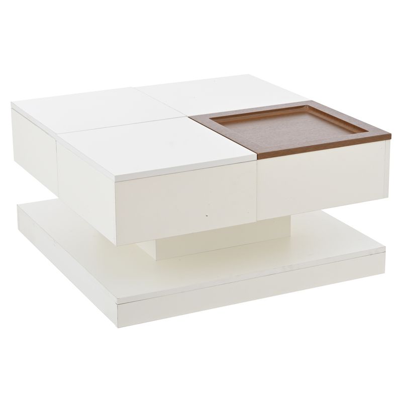 Table basse relevable 75,5 x 75,5 x 38 cm avec 4 compartiments de rangement, table de salon multifonctionnelle blanc brillant et ton bois, table d'appoint avec plateau amovible._voghion.com