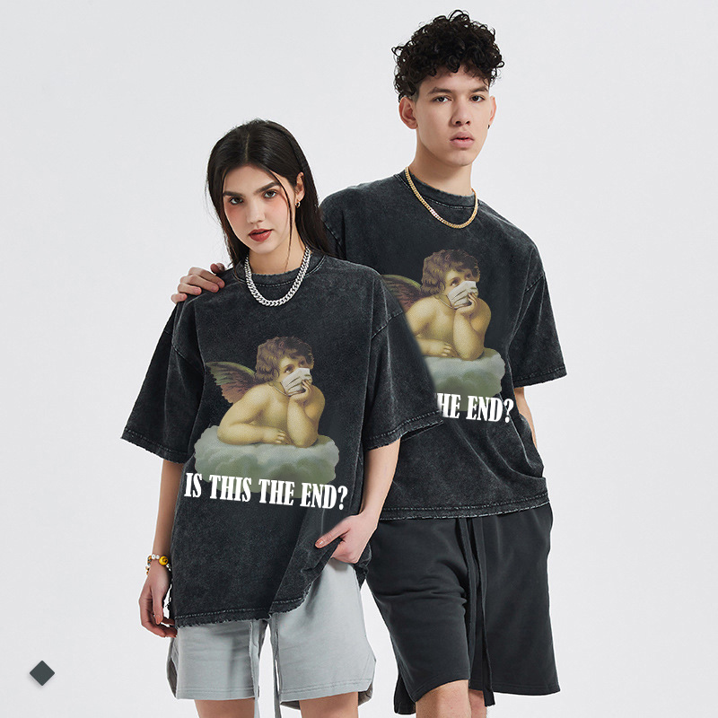 Roupas masculinas high street vintage do old wing kids print camiseta de manga curta gola redonda tops cross border para homens e mulheres_voghion.com