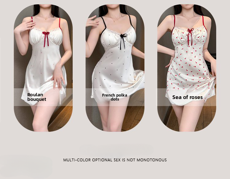 Camisón sexy de verano con encaje y cinta para el pecho, estilo fino, versión coreana, con lunares._voghion.com