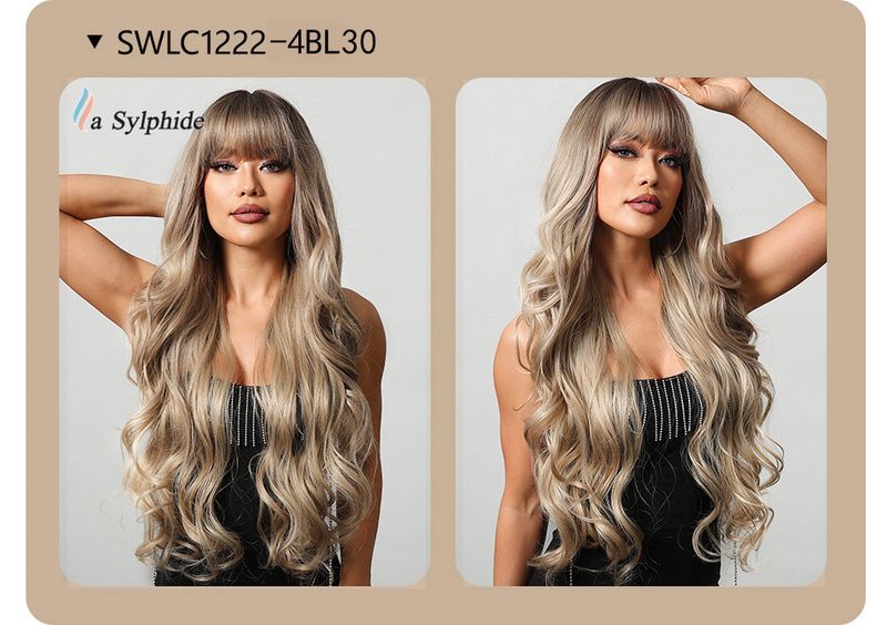 Parrucca con extension per capelli, frangia a onde grandi, capelli lunghi e ricci, sfumatura platino, simulazione atmosfera, fibra chimica, donna_voghion.com