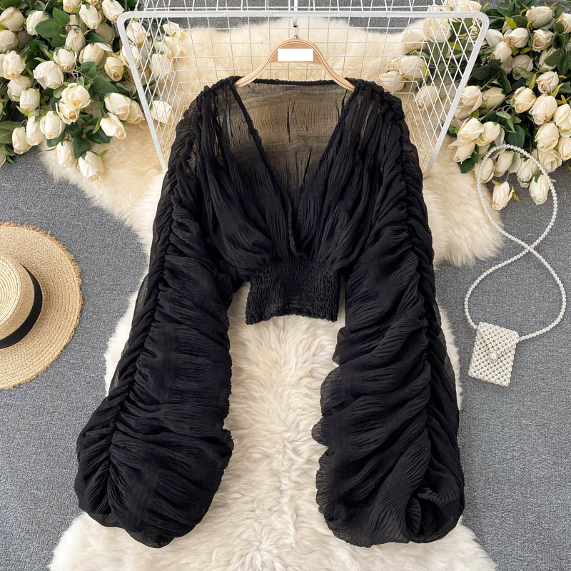 Women's niche, pleated puff sleeves, slim, short, fashionable, blogger, versatile chiffon shirt_voghion.com
