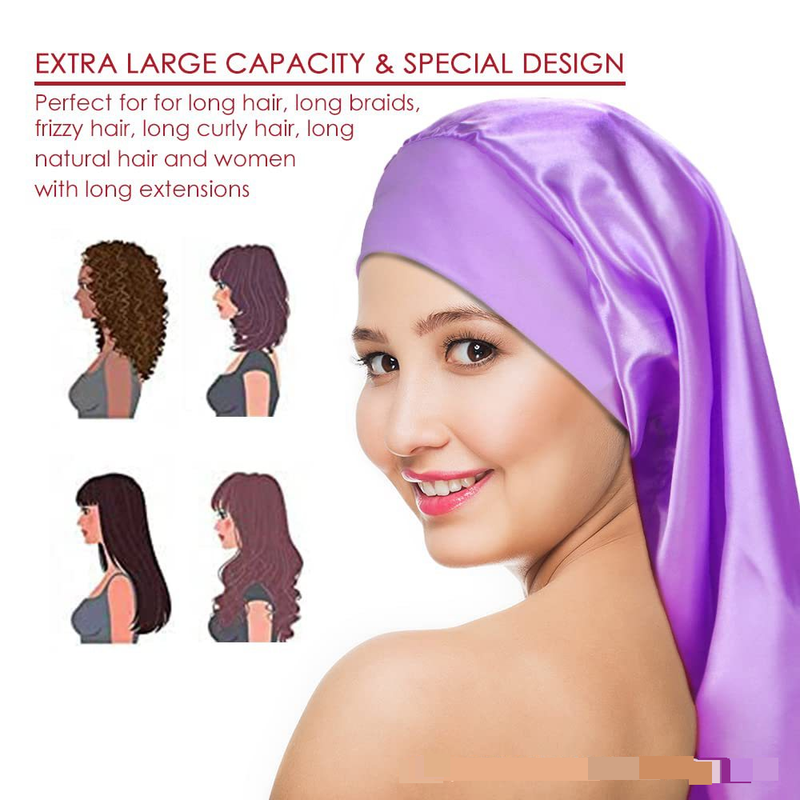 Elastische Schlafmütze mit langem Schlauch und großer, breiter Krempe aus Satin, Haarpflegemütze, Beauty-Make-up-Kappe, einfarbiges Kopftuch_voghion.com