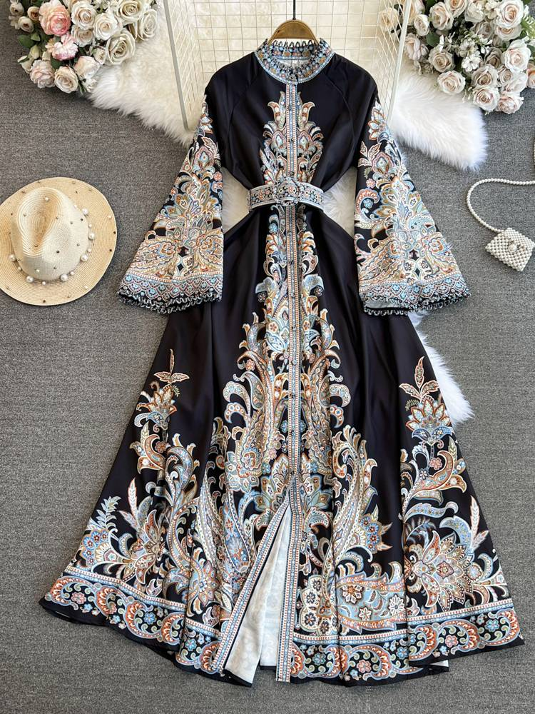 Damenbekleidung, Kleid im Palaststil, Trompetenärmel, Stehkragen, Taille, schmal, einreihig, A-Linie, Positionierungsdruck, Kleid für Damen_voghion.com