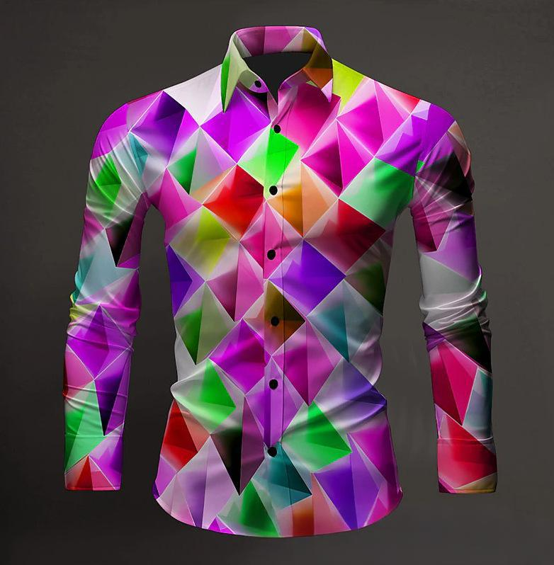 Camicia a maniche lunghe multicolore con risvolto casual da uomo, stampata e alla moda_voghion.com