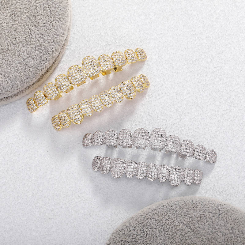 Set di grillz hip hop con 10 denti in diamanti micro-pavé - Gioielli dentali placcati in oro e argento, perfetti per Halloween, feste e spettacoli rap._voghion.com