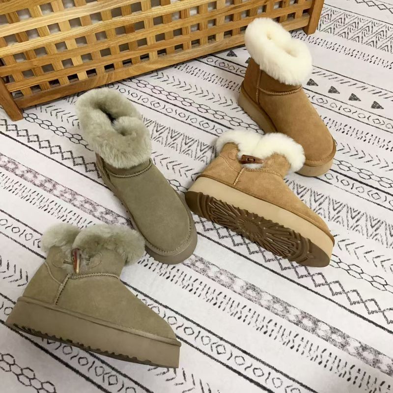 Winter New Short Boots, Cowhide And Wool Snow Boots For Women, Cow Horn Buckle Thick Sole For Warmth And Anti Slip, Thick Snow Boots_voghion.com