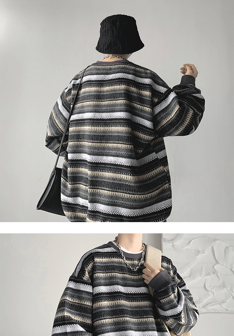 Moletom listrado retrô masculino, tendência da primavera, tudo com gola redonda solta, jaqueta pulôver folgada de marca da moda_voghion.com