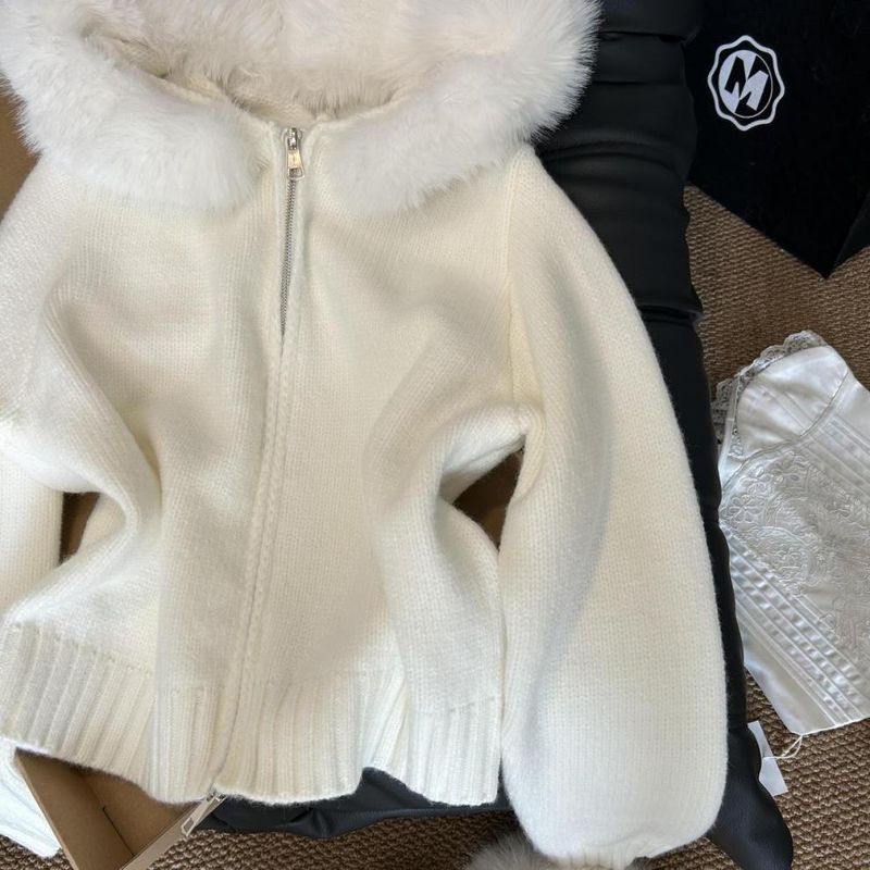 Oversized vest met capuchon en rits – Wintertrui van acrylbreisel met imitatiebont (S-XL, wit) – Boho-chique jas met open voorkant_voghion.com