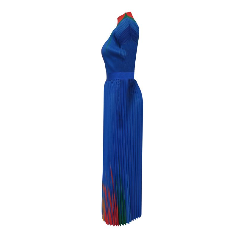 Ženska obleka z okroglim izrezom in kratkimi rokavi, potiskanim nagubanim krilom_voghion.com