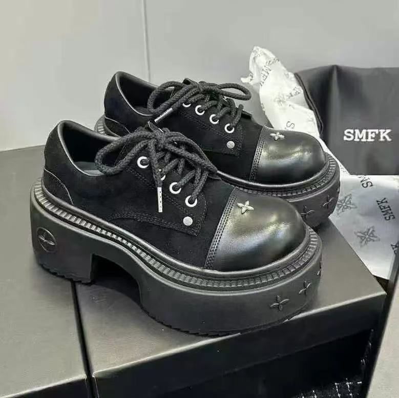 SMFK Derby-Schuhe mit Kreuzmuster, echtes Leder, dicke Sohle, großer Kopf, lässig, Panda, trendige Marke, Canvas, höhenverstärkende Schuhe_voghion.com