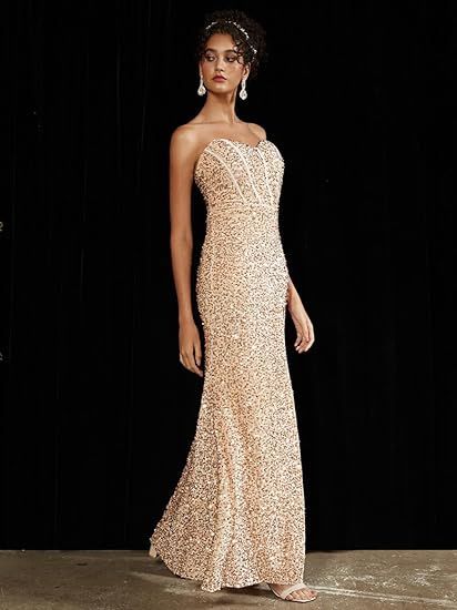Women's Clothing Illusionary Sequins Back Tie Corset style Side Slit Tube Top Herringbone Evening Dress_voghion.com