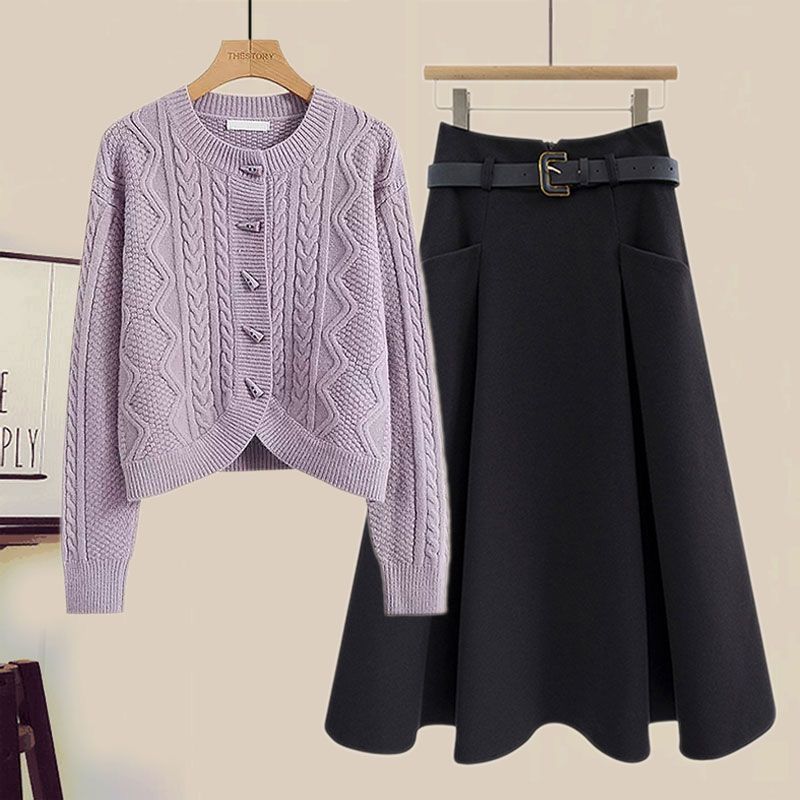 Vêtements pour femmes Automne élégant costume de réduction d'âge pour les femmes nouveau style paresseux mince pull tricoté jupe taille haute costume deux pièces_voghion.com