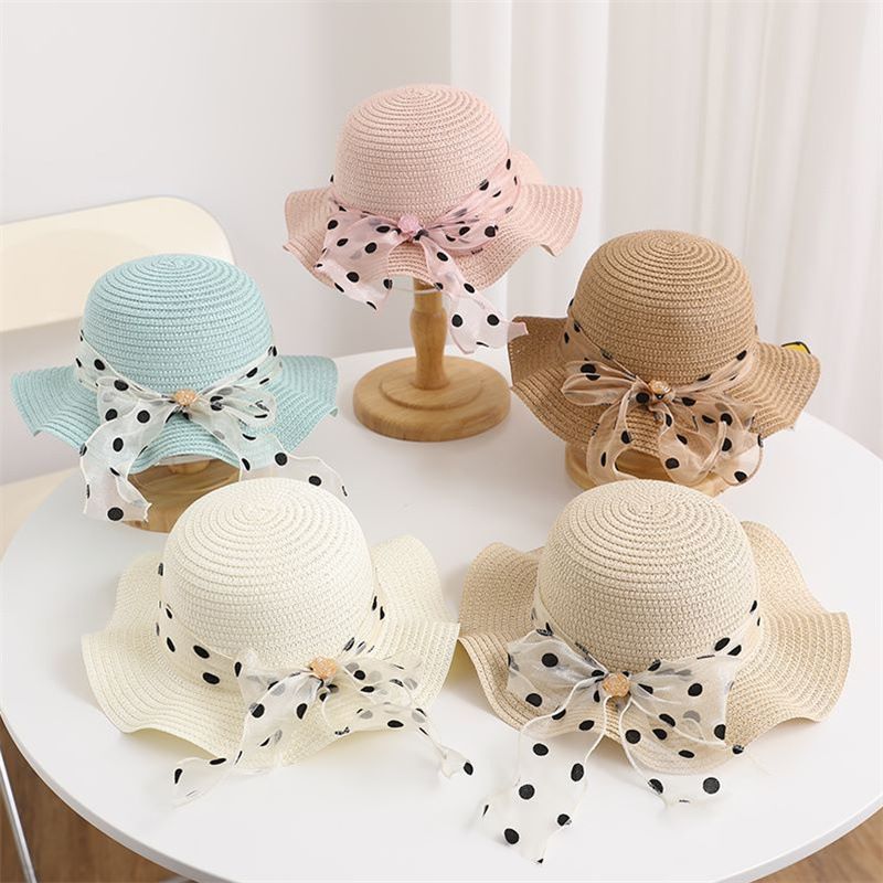 Nuovo set di cappelli e borse parasole con fiocco coreano a pois e onde di paglia per bambini, dolce e carino_voghion.com