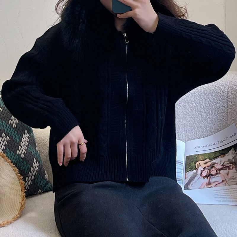 Chic Street-Style Square Neck Cardigan With Real Fox Fur Collar, Double-Zip Short Coat For Women_voghion.com
