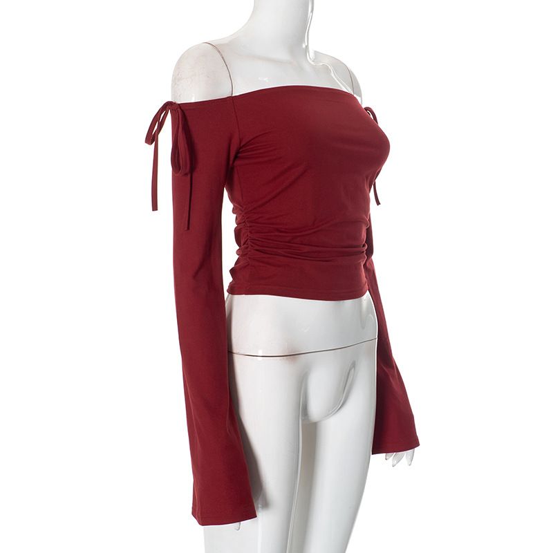 Q24TP650 Women's Autumn/Winter One Word Collar Bow Tie Shrink Fold Short Open Umbilical Top T-shirt_voghion.com
