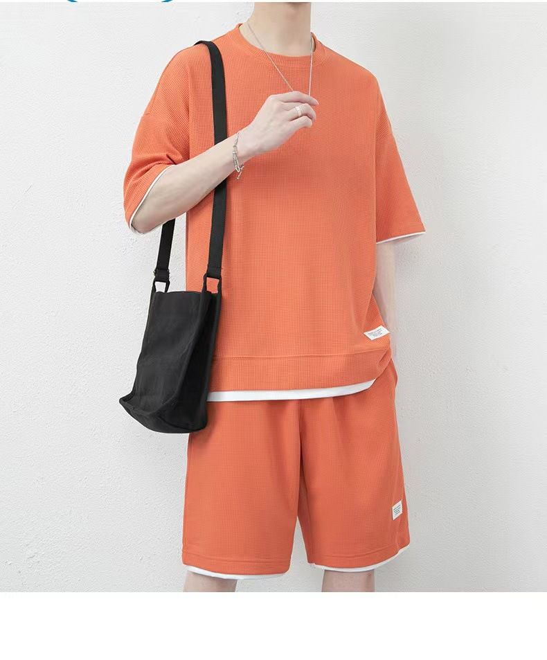 Yidian Clothing Waffle Sports Leisure Suit Men's Spot Wholesale Hong Kong Style Loose Fake Two Piece Short Sleeve Shorts_voghion.com