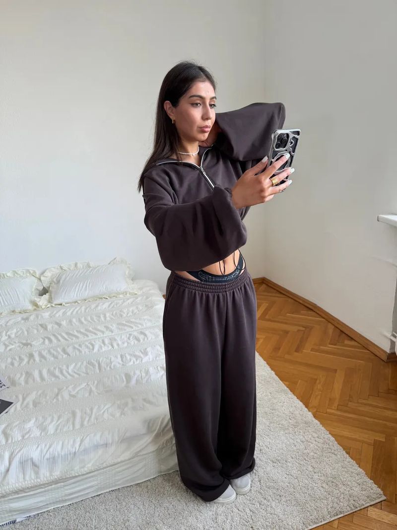 Women's Casual Solid Color Long Sleeve Zipper Cardigan Drawstring Hoodie Sweatshirt Elastic Pants Two-Piece Set_voghion.com