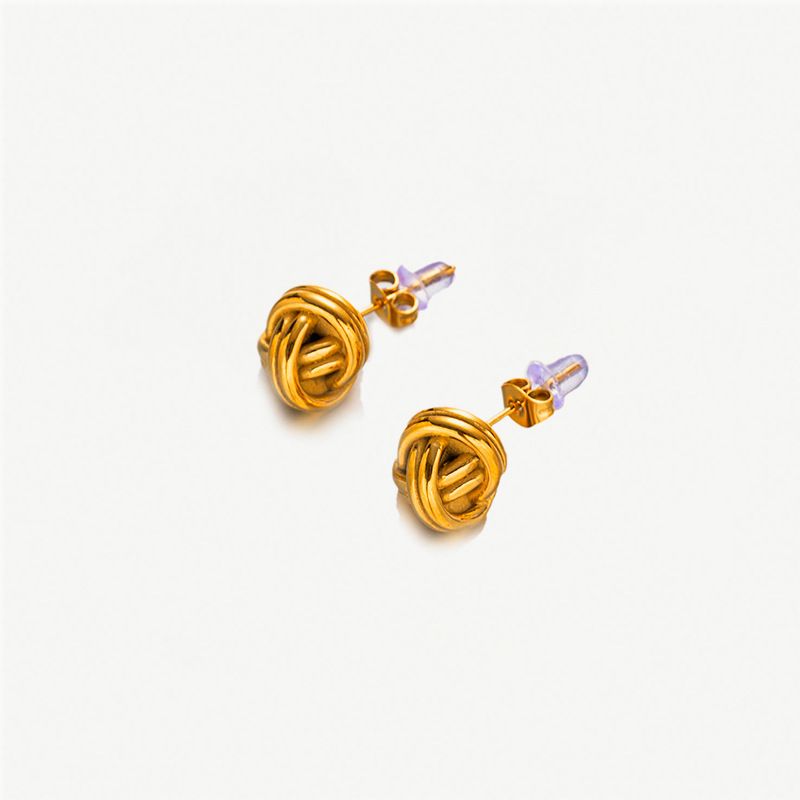 boucles d'oreilles nouées simples en ligne de mode en or, jolies boucles d'oreilles en boule de laine et en acier titane_voghion.com