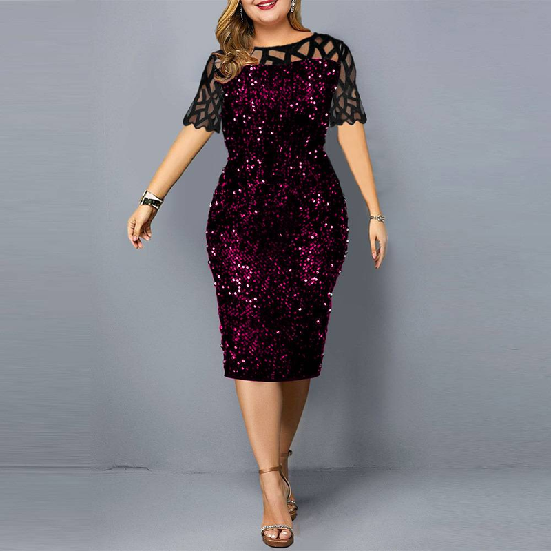 Dameskleding lente en herfst gepersonaliseerd paillettenontwerp plus size damesjurk 3 kleuren maat 7 korte mouwen_voghion.com