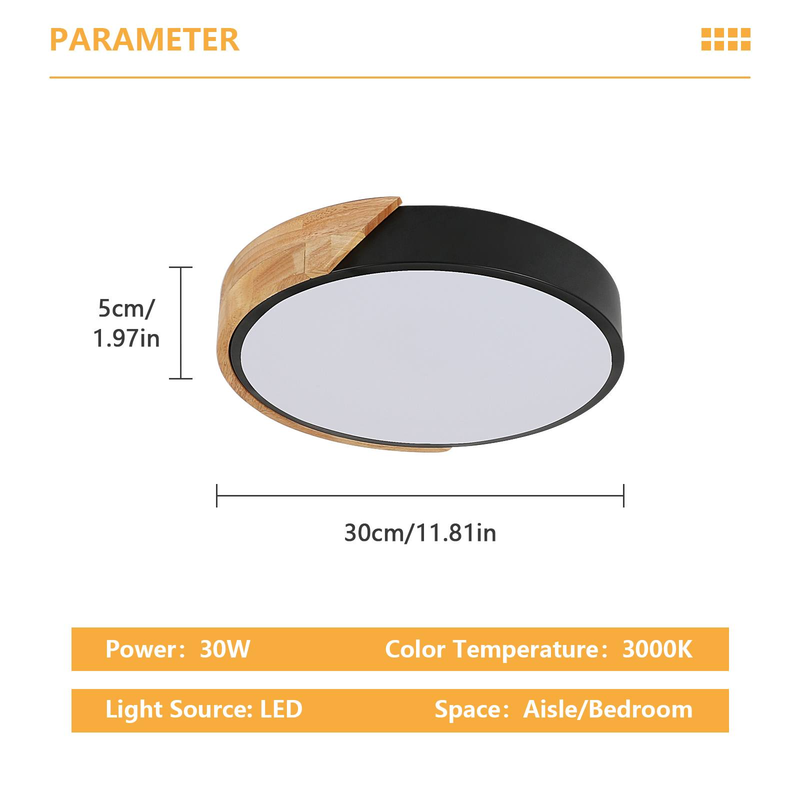 GOECO - LED-Deckenleuchte im modernen Design, Schwarz, 30 x 5 cm, warmes Licht 3000 K, 30 W, 220 V, geeignet für Zuhause, Büro oder Restaurant, einfach zu installieren_voghion.com