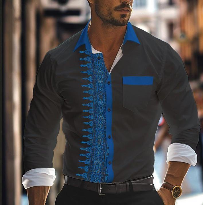 Camicia a maniche lunghe multicolore con risvolto casual da uomo, stampata e alla moda_voghion.com