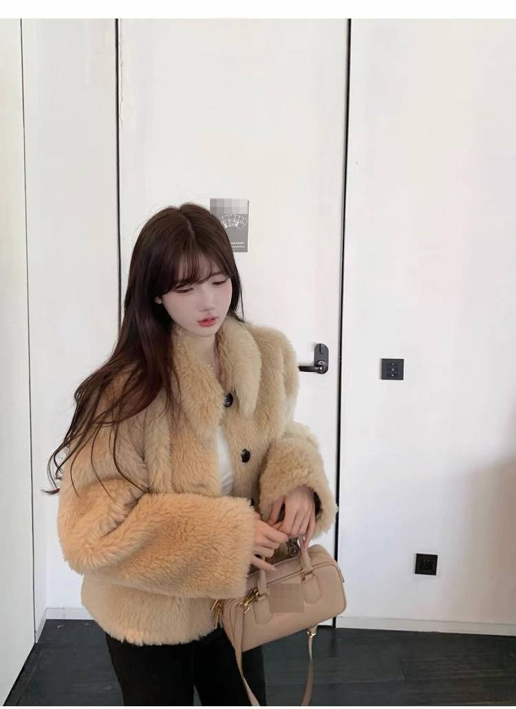 Kurzmantel aus Woll-Shearling – Oversize-Teddyfleecejacke in Creme & Himmelblau (S/M) Trendy Fashion_voghion.com