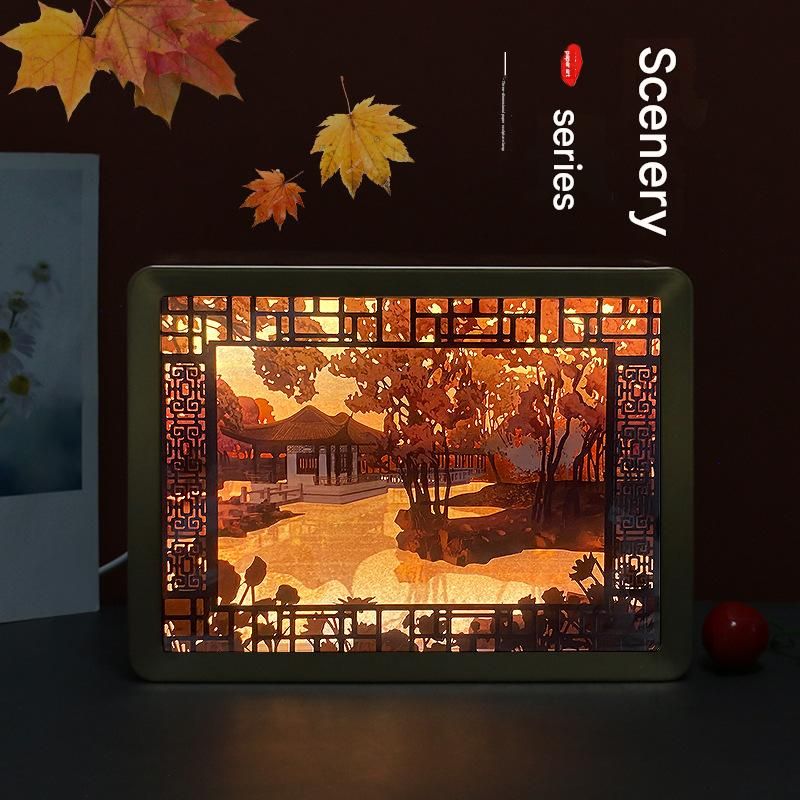 Landscape Painting Paper Sculpture Crafts DIY Ancient Style Night Light Bedside Lamp 3D Three Dimensional Light And Shadow Paper Sculpture Lamp_voghion.com
