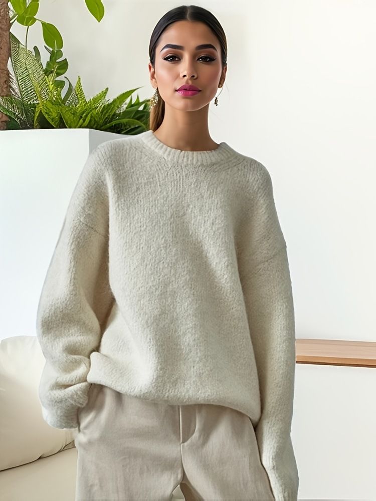 Suéter oversize de mujer, mezcla de mohair – Suéter de cuello redondo de punto grueso (acrílico-poliéster, tallas S-XXL) – Gris/Crema/Azul marino/Camel_voghion.com