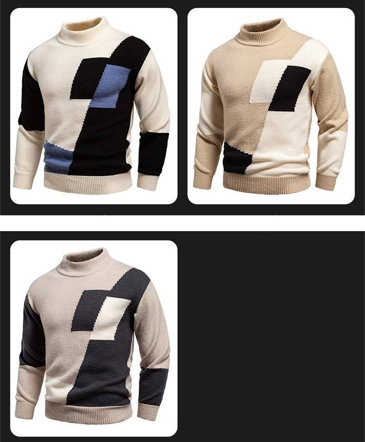 Men's Chunky Knit Sweater Winter Casual Pullover Color Block Long Sleeve Turtleneck For Big & Tall_voghion.com
