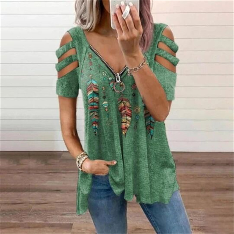 Nuova camicetta estiva da donna con spalle scoperte, stampa leopardata, cerniera, scollo a V, casual, ampia, primaverile, sexy, nuova camicetta da donna_voghion.com