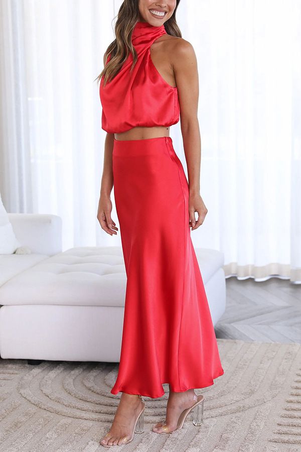 Traje de dos piezas informal ajustado multicolor de satén para mujer, primavera y verano_voghion.com