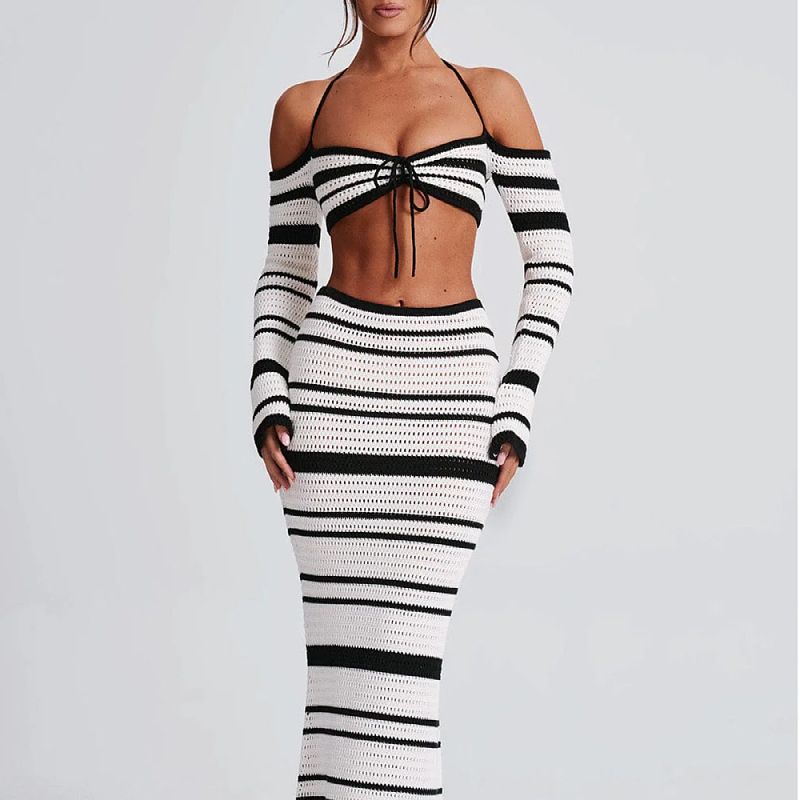Ensemble deux pièces pour femme, haut à manches longues et jupe à rayures, style été 2025_voghion.com