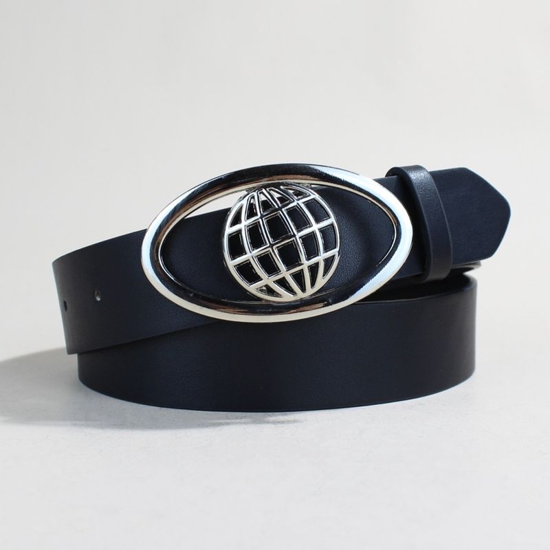 Trendy Planet Retro Schwarzer Gürtel Coole ovale Schnalle Herren Persönlichkeit Schlichter Damen Dekorativer Gürtel Nischengürtel_voghion.com