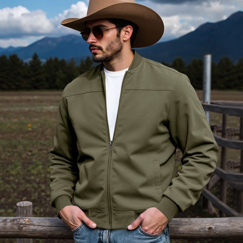 Western-Jeansjacke für Herren – Jagdmantel mit Vintage-Wildlederbesatz, locker sitzende, lässige Oberbekleidung mit Reißverschluss (Schwarz/Armeegrün_voghion.com