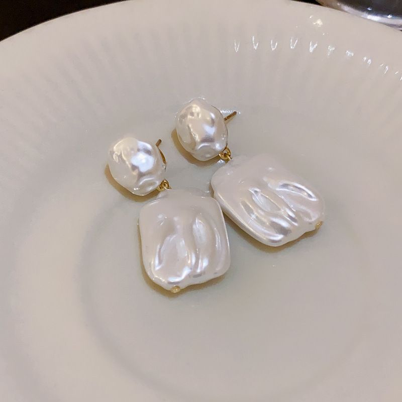 Silver needle pleated flower pearl heart French geometric earrings, niche commuting new and earrings_voghion.com