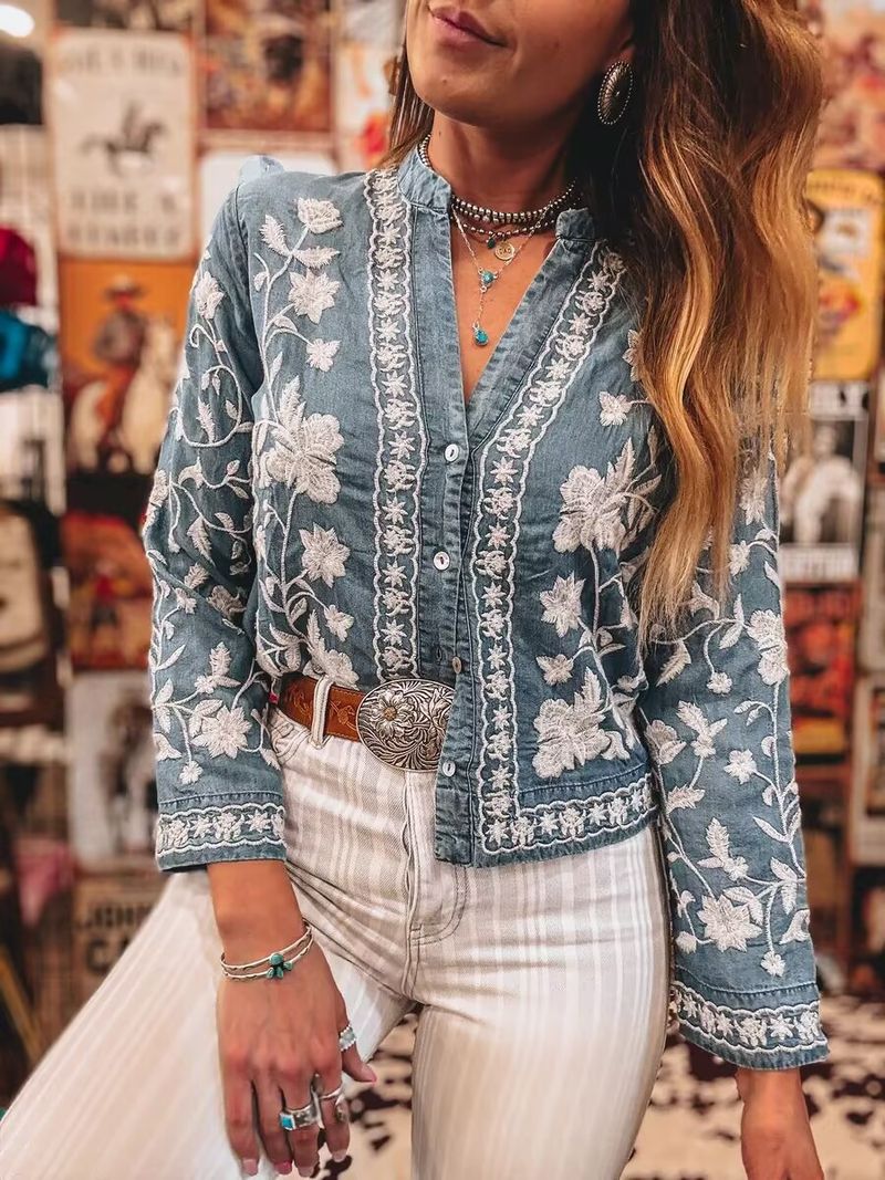 Camicia in denim ricamata da donna, camicetta a maniche lunghe con scollo a V e bottoni, vestibilità ampia, top casual ed elegante per la primavera/estate._voghion.com