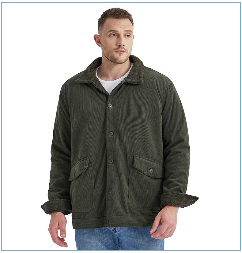 "Herrenjacke aus Cord und Lammfell mit Revers – Plüschiger, dicker Mantel in großer Größe (Schwarz/Grün/Hellbraun, S-XXL)"_voghion.com