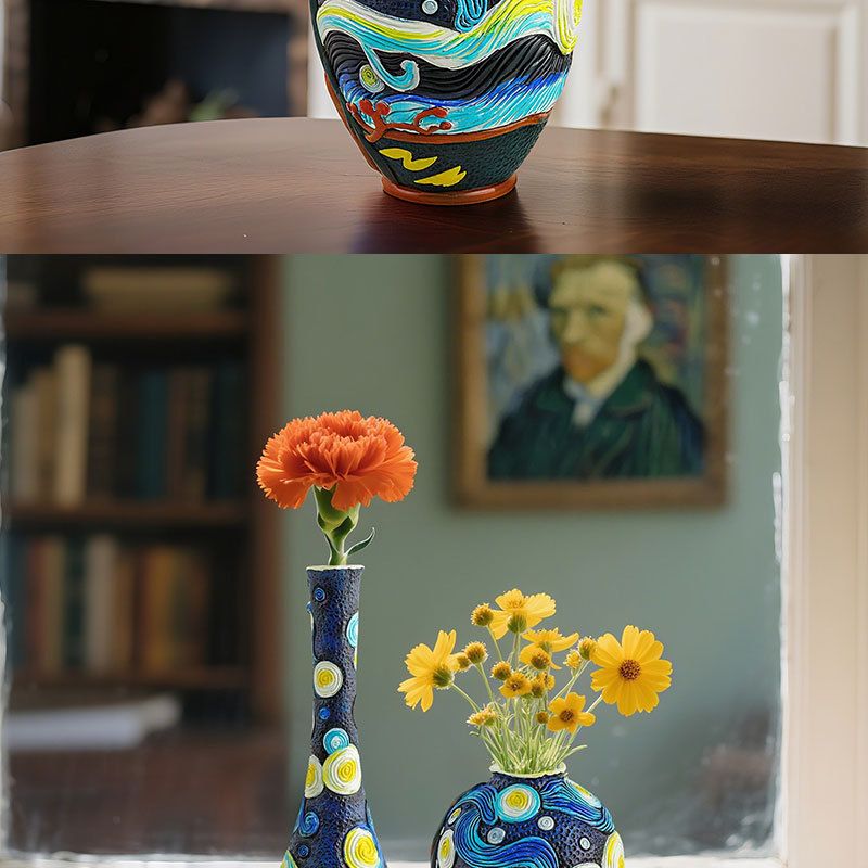 Van Gogh Art Inspiration Starry Night Resin Set Home Desktop Flower Arrangement Decorative Vase Ornament_voghion.com