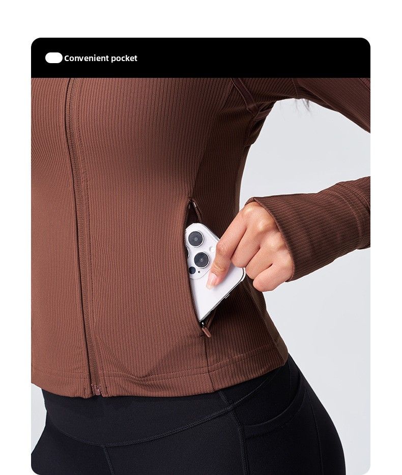 Jaqueta esportiva canelada de gola alta para uso externo, ideal para outono e inverno, com modelagem justa, perfeita para yoga, com mangas que imitam dedos e tecido grosso._voghion.com