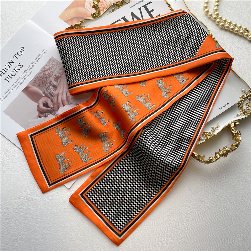 Love Horse Sciarpa di seta arancione Sciarpa lunga stretta da donna Streamer Cravatta per capelli Sciarpa di seta simulata Sciarpa decorativa Sciarpa di seta stile occidentale_voghion.com