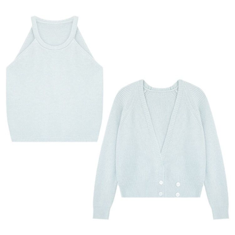 Lazy Knit Cardigan Set Damen Zweiteiliger V-Ausschnitt Langarm Pullover mit offener Vorderseite und Trägerweste_voghion.com
