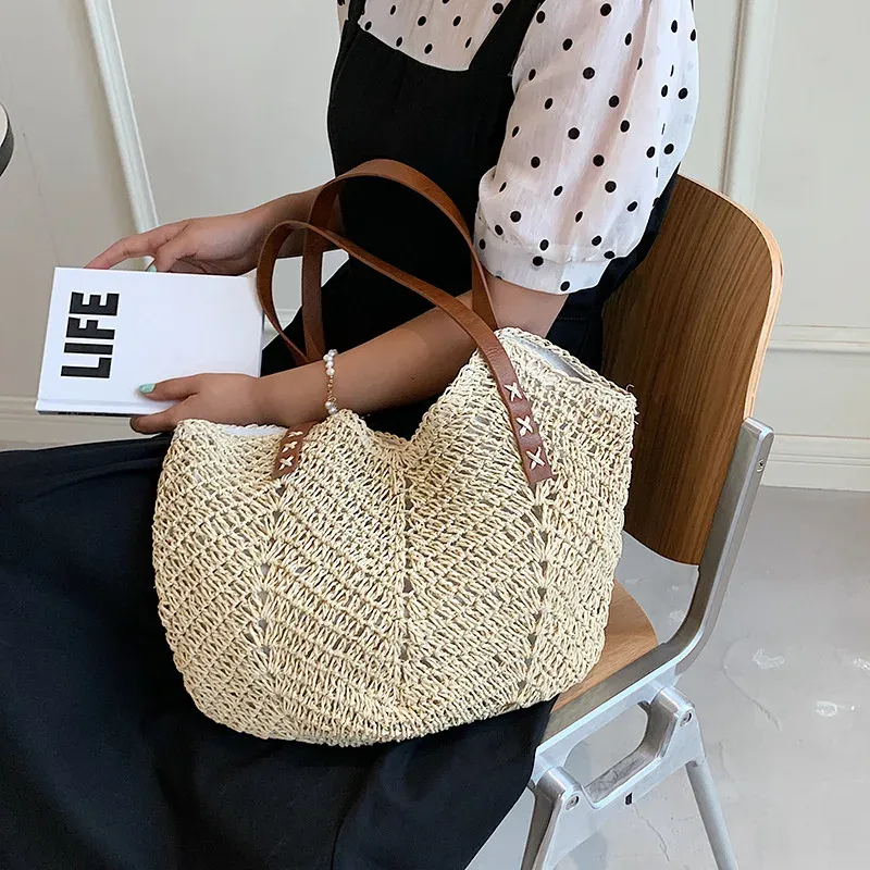 Estate per le donne Borse a tracolla in paglia Borsa da spiaggia all'uncinetto in rafia intrecciata con manico superiore intrecciato in rattan Borse casual 2023_voghion.com