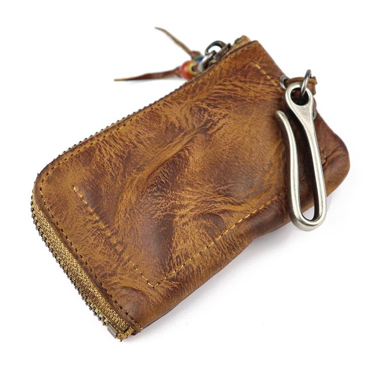 Portachiavi da donna in pelle conciata al vegetale primo strato, portachiavi da uomo con cerniera in stile retrò in vecchia pelle di vacchetta lavata fatta a mano_voghion.com