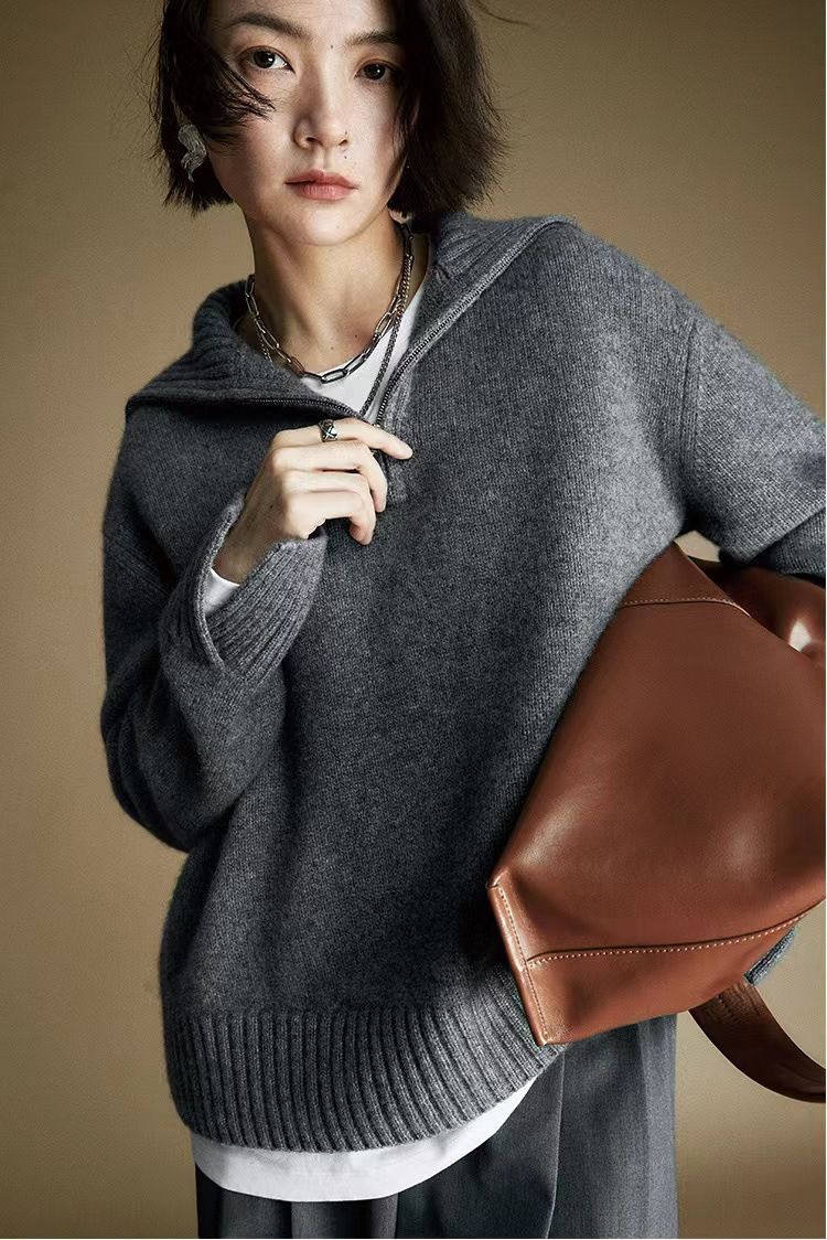 25 Autumn Winter Lazy Wool Women Half Zipper Turn-down Collar Sweater New Thickened Niche Knitted Top Loose Fit_voghion.com