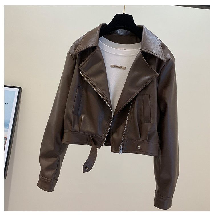 European Style For Women, Fleece-Lined, Autumn New Style, Elegant Turn-Down Collar, Petite Short PU Leather Slimming_voghion.com