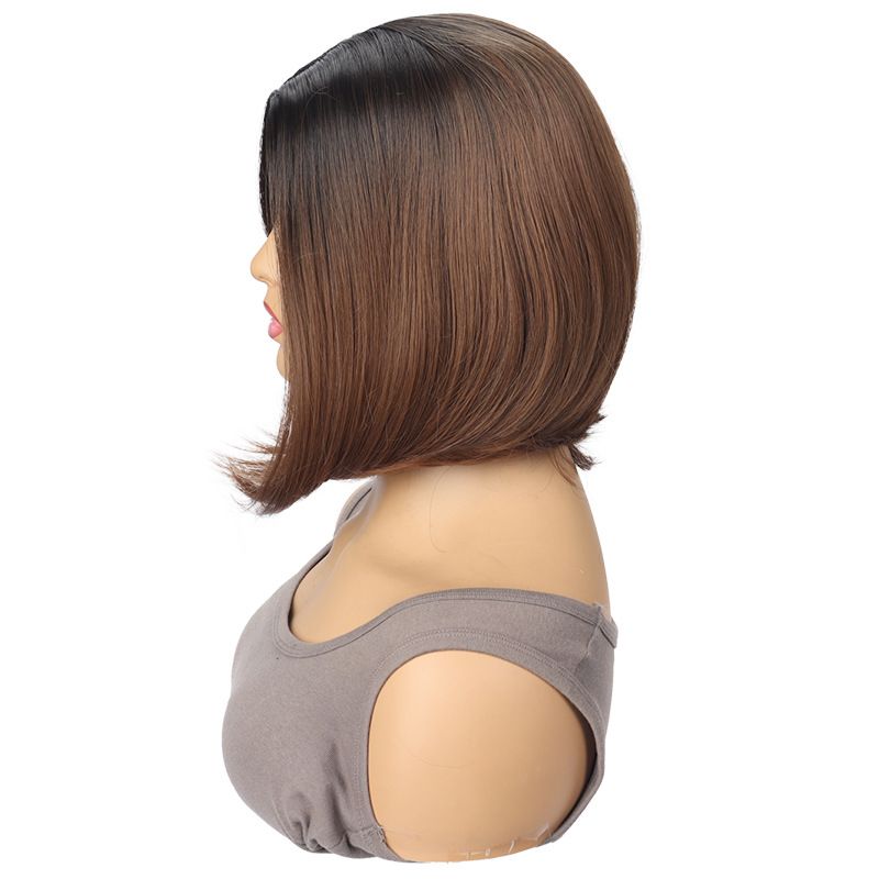 Synthetic Clip-in Ladies Brown Dyed Middle Parted Short Straight Hair Synthetic Wig Bob Inner Curling Wig_voghion.com