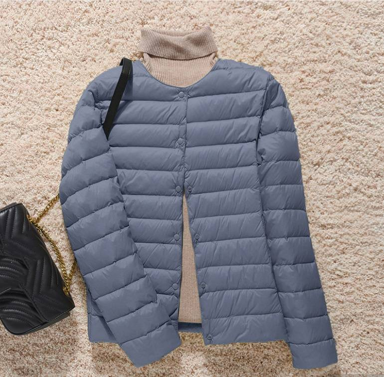 Abbigliamento donna corto girocollo scollo a V fodera calda autunno e inverno senza colletto vestibilità attillata giacca di grandi dimensioni_voghion.com