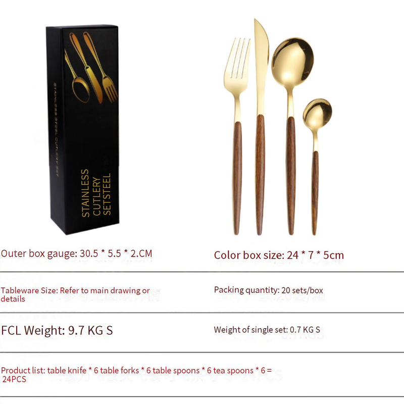 Set di posate in acciaio inossidabile da 24 pezzi - Coltelli e forchette da bistecca in acciaio 430 con manico in legno retrò_voghion.com